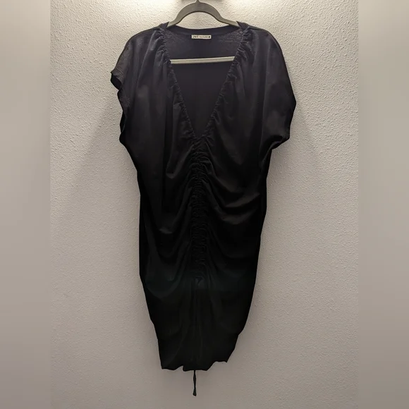 ZARA Ruched Black Dress Draped V-neck adjustable length Size L 100% Cotton EUC - Picture 3 of 4